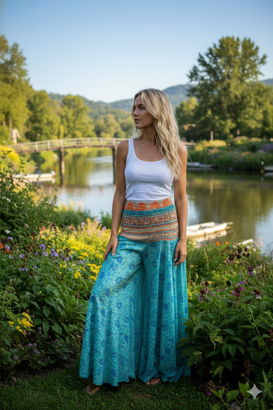 Women's Glacier Blue Boho Wide Leg Pants – Handmade Floral Flowy Palazzo Trousers  SM