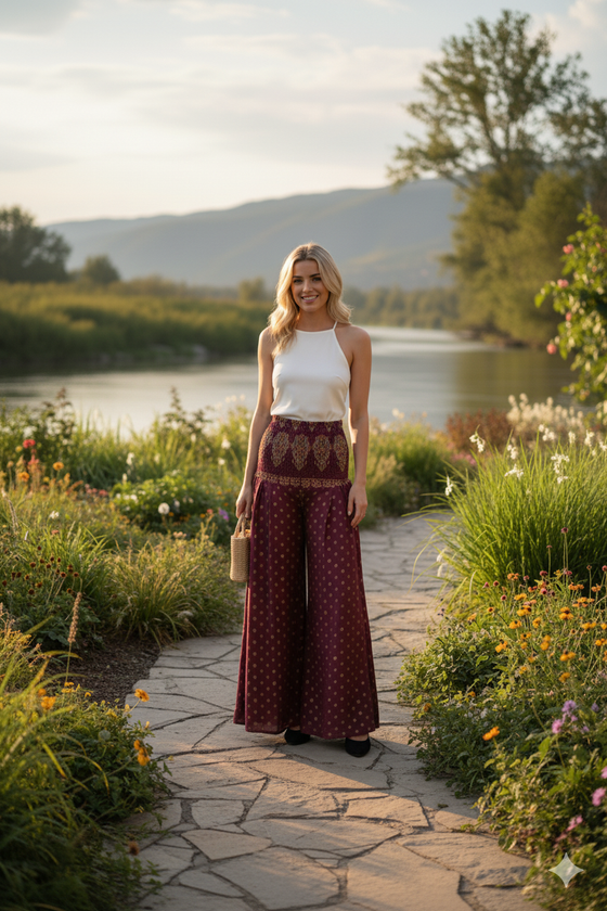 Women’s Purplish Floral Boho Palazzo Pants – Handmade Relaxed Flowy Wide-Leg Trousers SM