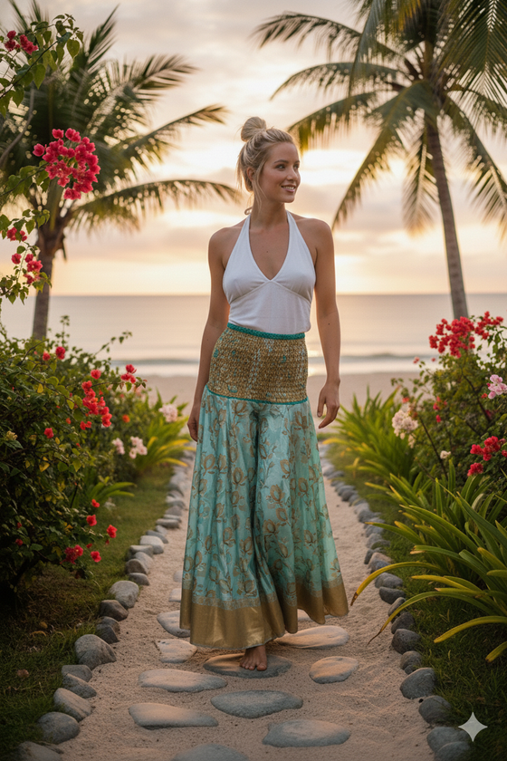 Women’s Sky Blue & Beige Boho Skirt Pants – Handmade Flowy Flared Trousers SM