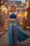 Bohemian Purple Blue Flowy Pants – Handmade Flared Palazzo with Skirt  SM