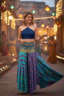  Bohemian Purple Blue Flowy Pants – Handmade Flared Palazzo with Skirt  SM