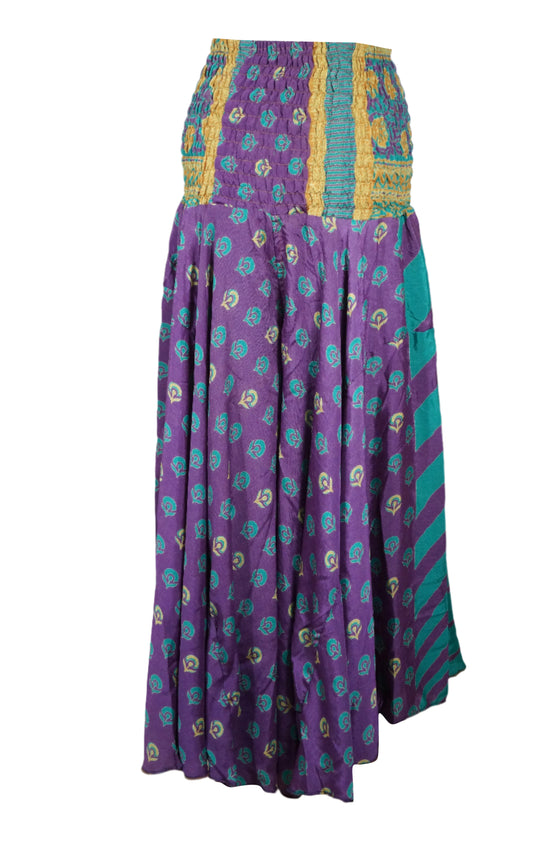 Bohemian Purple Blue Flowy Pants – Handmade Flared Palazzo with Skirt  SM