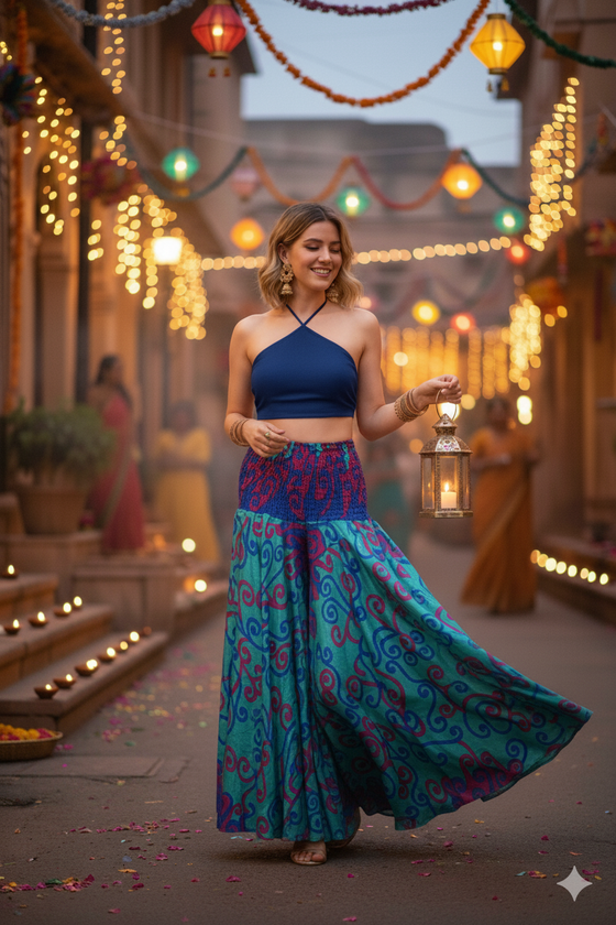 Cerulean Blue Boho Pants – Relaxed Wide-Leg Handmade Trousers with Floral Print SM