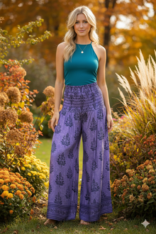  Bohemian Iris Purple Flowy Palazzo Pants – Handmade Flared Trousers with Skirt-Like  SM