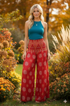 Rose Red Boho Palazzo Pants – Handmade Flowy Wide-Leg Trousers with Vibrant Floral Print  SM