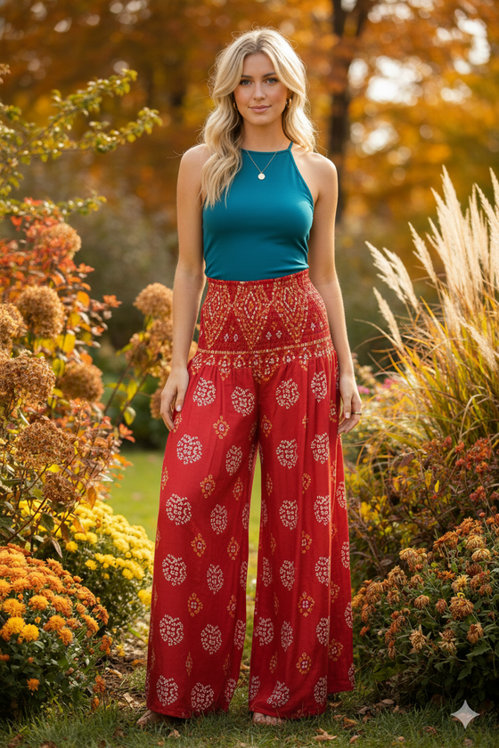 Rose Red Boho Palazzo Pants – Handmade Flowy Wide-Leg Trousers with Vibrant Floral Print  SM