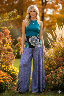  Deep Purple Boho Palazzo Pants – Handmade Wide-Leg Trousers with Floral Elegance SM