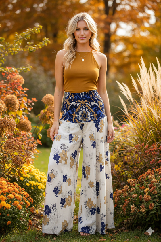 White & Blue Floral Boho Palazzo Pants – Handmade Relaxed Wide-Leg Divided Trousers for Resort SM