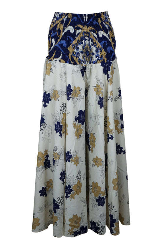White & Blue Floral Boho Palazzo Pants – Handmade Relaxed Wide-Leg Divided Trousers for Resort SM