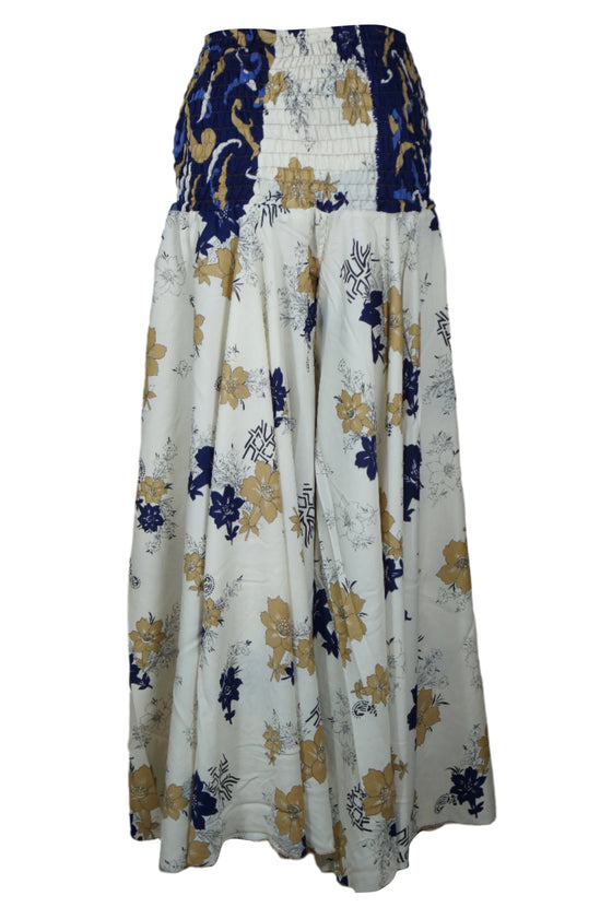 White & Blue Floral Boho Palazzo Pants – Handmade Relaxed Wide-Leg Divided Trousers for Resort SM