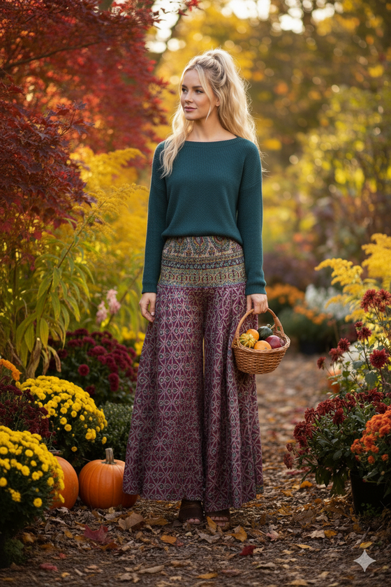 Handmade Bohemian Deep Maroon Wide-Leg Pants – Flowy & Elegant Summer Style SM