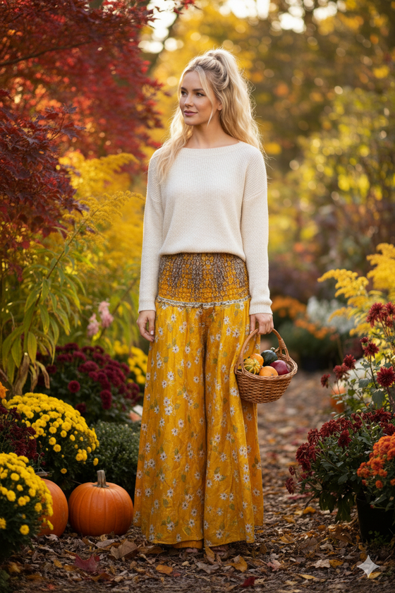 Bohemian Butterscotch Wide-Leg Pants – Handmade, Flowy & Elegant Summer Style SM