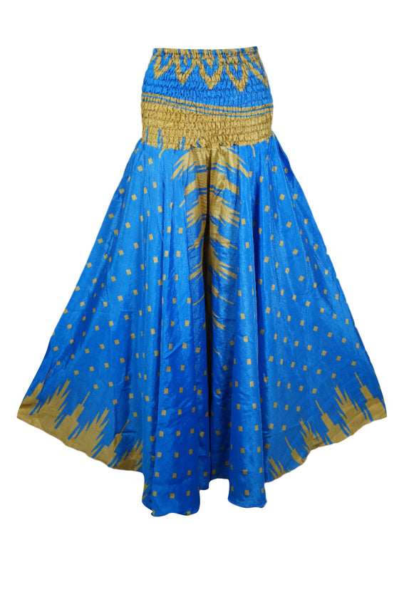 Bright Blue Boho Floral Flare Pants – Handmade Flowing Split Skirt Trousers for Women SM