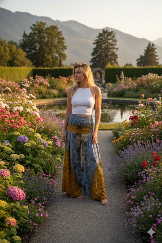 Golden Yellow Boho Chic Wide-Leg Pants – Handmade, Flowy & Divided Pant SM