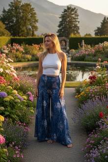  Cobalt Blue Boho Wide-Leg Pants – Handmade Flowy & Flared Palazzo Style SM