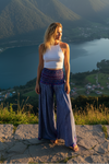 Bohemian Iris Purple Flowy Pants – Handmade Flared Palazzo with Skirt-Like Grace SM