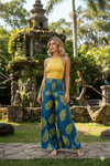Bohemian Azure Blue Palazzo Pants – Flowy Wide-Leg Elegance with Green Leaf Print SM