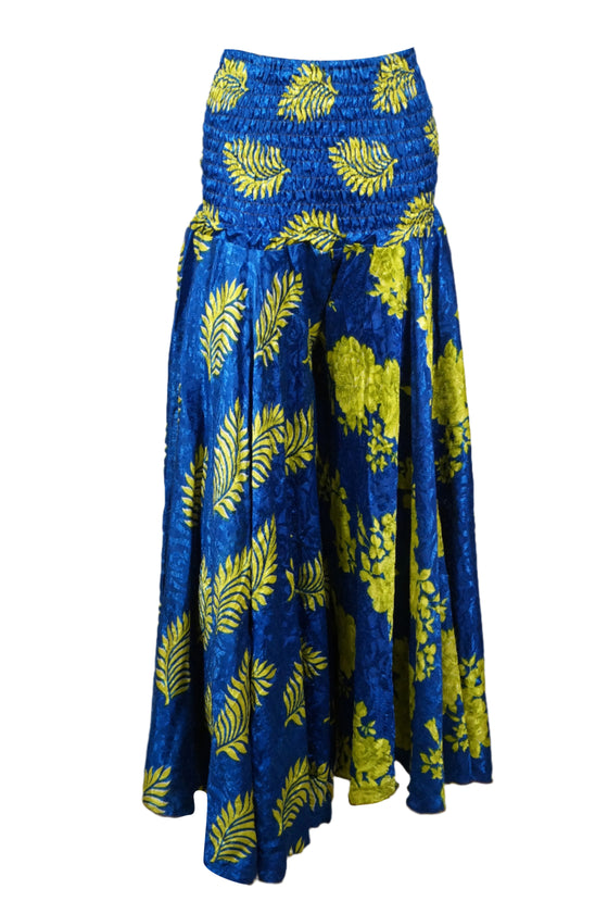 Bohemian Azure Blue Palazzo Pants – Flowy Wide-Leg Elegance with Green Leaf Print SM