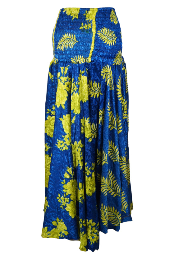 Bohemian Azure Blue Palazzo Pants – Flowy Wide-Leg Elegance with Green Leaf Print SM