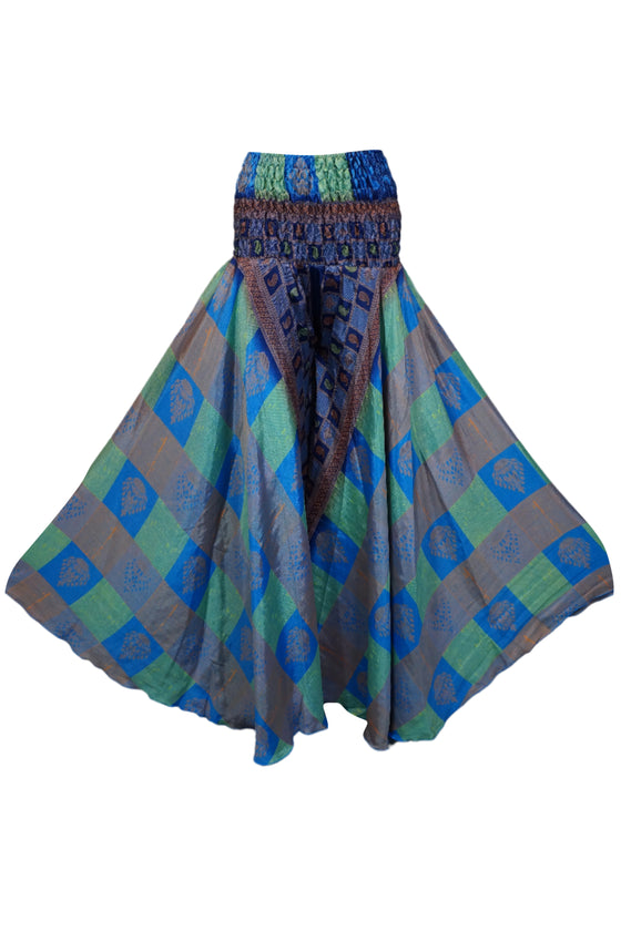 Boho Chic Blue & Green Wide-Leg Pants – Handmade Flowy Divided Skirt SM