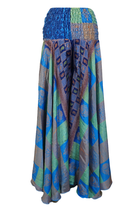 Boho Chic Blue & Green Wide-Leg Pants – Handmade Flowy Divided Skirt SM