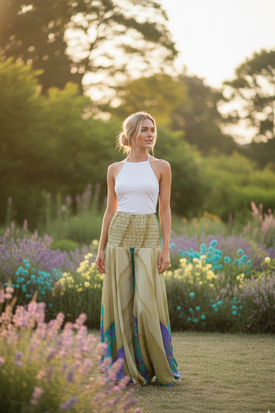 Bohemian Beige & Blue Floral Palazzo Pants – Flowy Wide-Leg Divided Resort Wear SM