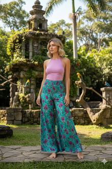  Boho Chic Cerulean Blue & Pink Floral Wide-Leg Pants – Flowy Skirt-Inspired Palazzo SM