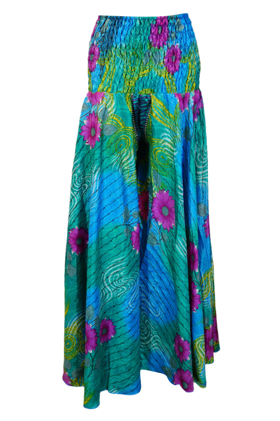 Boho Chic Cerulean Blue & Pink Floral Wide-Leg Pants – Flowy Skirt-Inspired Palazzo SM