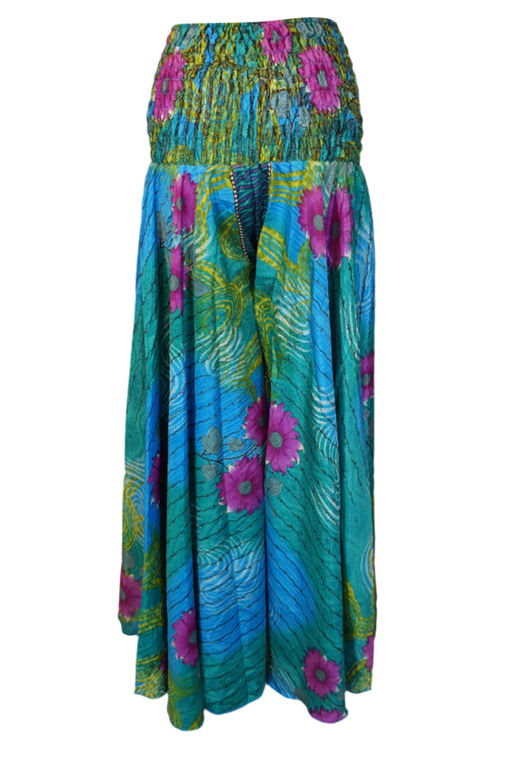 Boho Chic Cerulean Blue & Pink Floral Wide-Leg Pants – Flowy Skirt-Inspired Palazzo SM