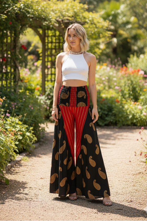 Bohemian Black & Red Floral Palazzo Pants – Flowy Divided Pants for Effortless Spring Elegance SM