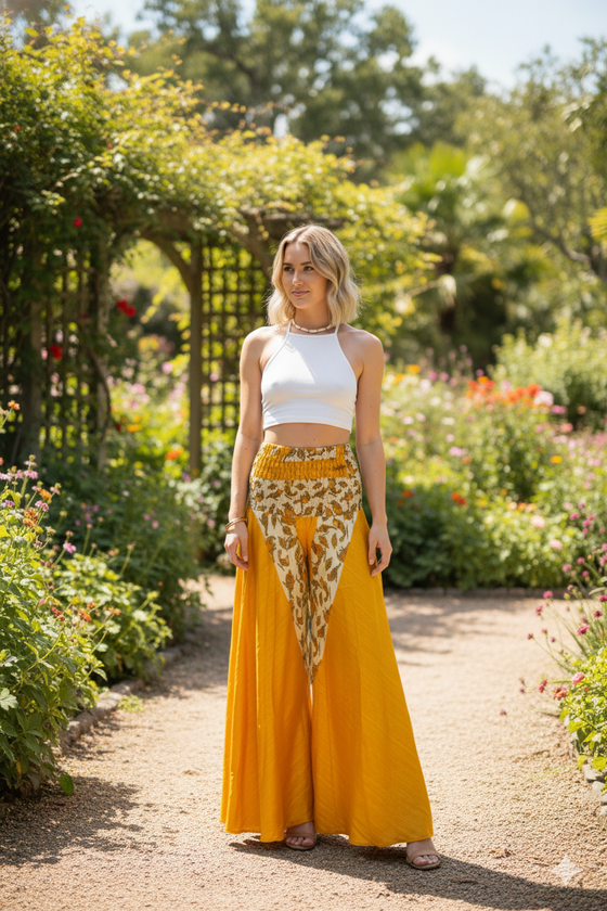 Bohemian Mango Yellow Wide-Leg Pants – Handmade Flowy Split Palazzo for Effortless SM