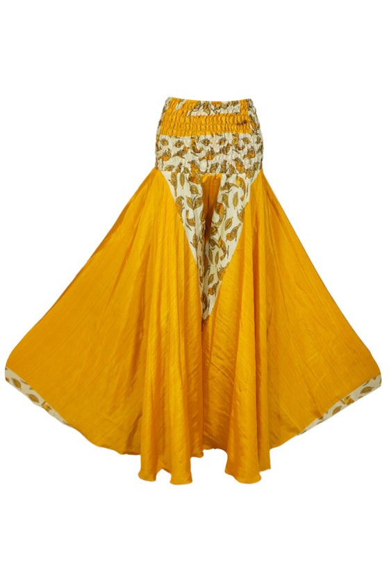 Bohemian Mango Yellow Wide-Leg Pants – Handmade Flowy Split Palazzo for Effortless SM