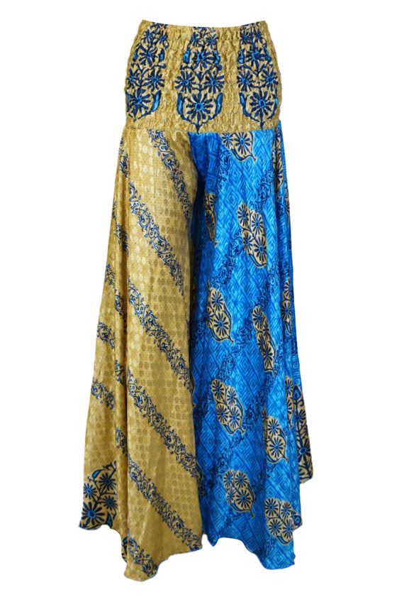 Bohemian Beige & Blue Palazzo Pants – Flowy Wide-Leg Divided Skirt Trousers for Women SM
