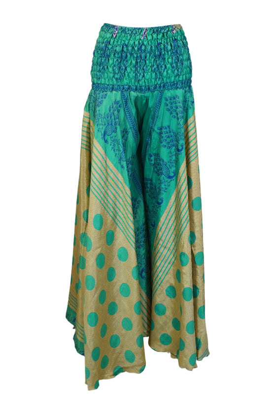 Bohemian Beige & Sea Green Floral Palazzo – Flowy Handmade Wide-Leg Resort Pant SM
