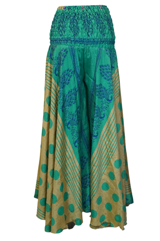 Bohemian Beige & Sea Green Floral Palazzo – Flowy Handmade Wide-Leg Resort Pant SM
