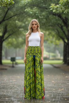  Hippie Pea Green Floral Palazzo Pants Wide-Leg Trousers for Women SM