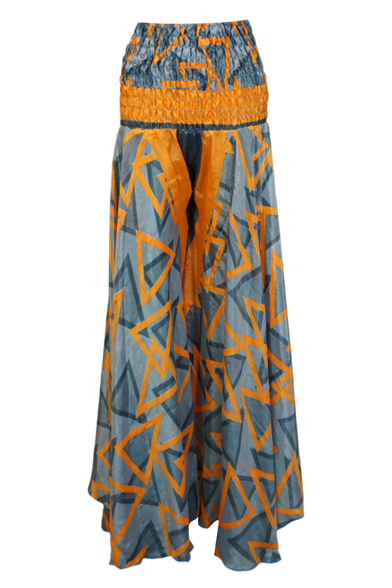 Women’s Gray and Orange Boho Palazzo Pants – Handmade Flowy Wide-Leg Trousers SM