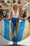 Bohemian Beige & Blue Wide-Leg Palazzo Pants – Graceful Flowing Silhouette" SM