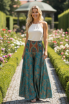 Ocean Blue Floral Boho Palazzo Pants – Flowing Wide-Leg Summer Trousers SM