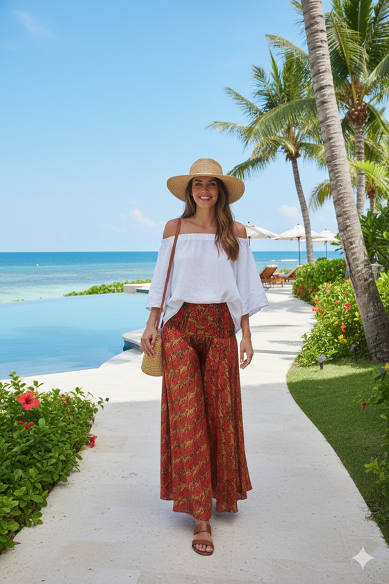 Bohemian Rose Red Palazzo Pants – Artisanal, Flowy & Chic Women’s Handmade Pants  SM