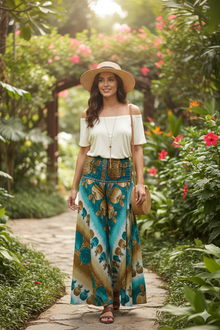  Handmade Boho Palazzo Pants – Breezy Brown & Blue Apple Print, Flowing & Chic SM