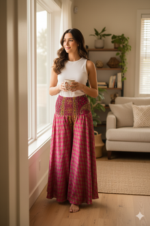  Handmade Boho Dark Pink Floral Palazzo Pants – Flowing Wide-Leg Pants for Women SM