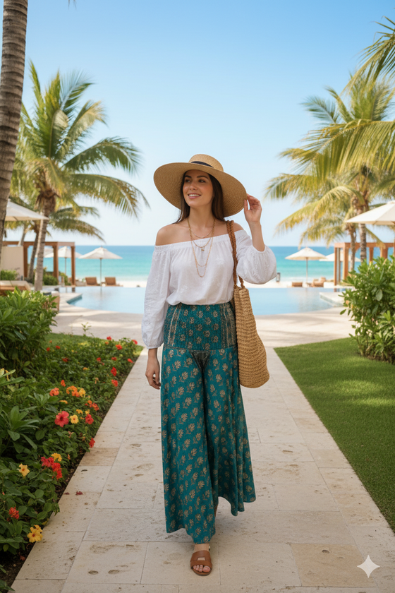 Graceful Blue Floral Boho Palazzo Pants – Flowing Wide-Leg Pants for Women SM