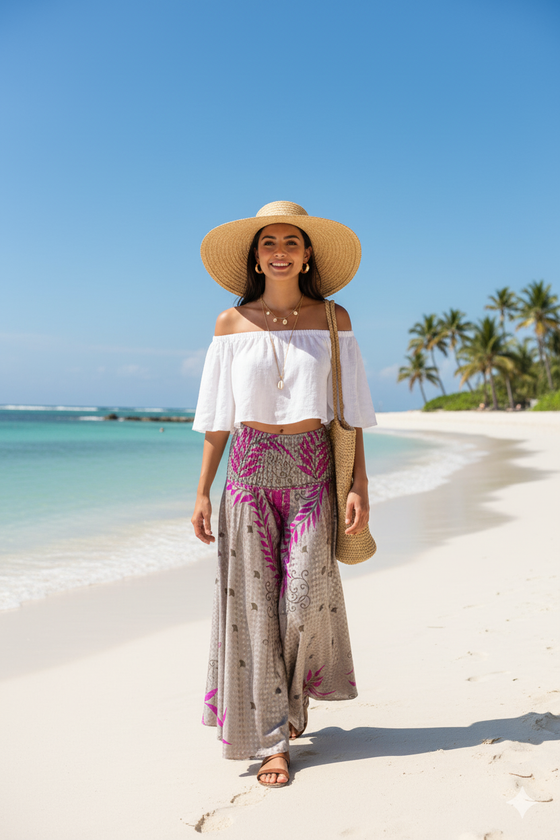 Handmade Coral Pink Boho Floral Palazzo Pants – Flowing Wide-Leg Pants for Women SM