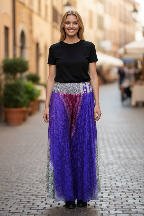 Purple & White Bohemian Palazzo Pants – Wide-Leg Bell Bottom Yoga Flare Trousers SM