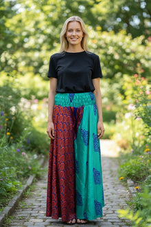  Sea Green & Red Boho Flare Pants – Hippie Wide-Leg Palazzo Trousers for Women SM