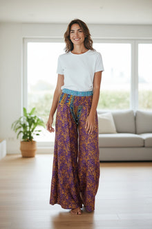  Purple & Yellow Boho Flare Pants – Flowing Hippie Spell-Inspired Palazzo Trousers  SM