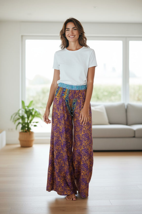 Purple & Yellow Boho Flare Pants – Flowing Hippie Spell-Inspired Palazzo Trousers  SM