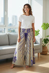 Beige & Purple Boho Flare Pants – Flowing Leaf Print Hippie Palazzo Trousers for Women SM