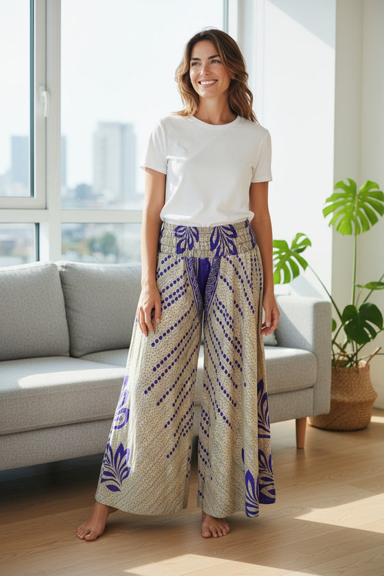 Beige & Purple Boho Flare Pants – Flowing Leaf Print Hippie Palazzo Trousers for Women SM